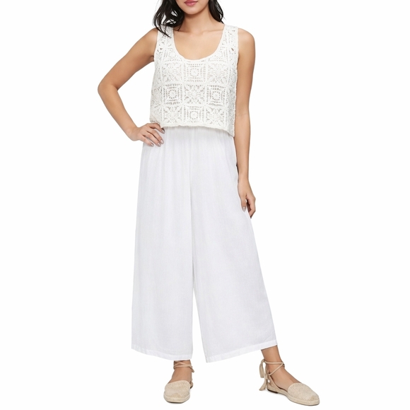 Three Dots Pants - Three Dots Crochet Overlay Wide Leg Jumpsuit Cream Boho Size Large